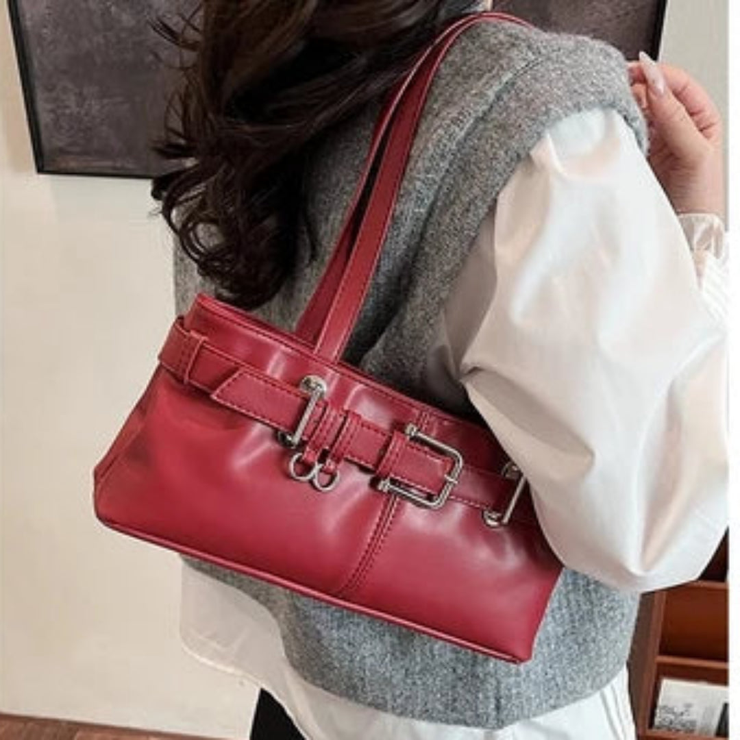 Damen Handtasche im Retro-Stil ⎜ Elegante Schultertasche mit Riemendetail und Schlüsselanhänger für Büro und Alltag